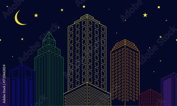 Fototapeta Colorful building on midnight blue sky background. Vector Illustration.