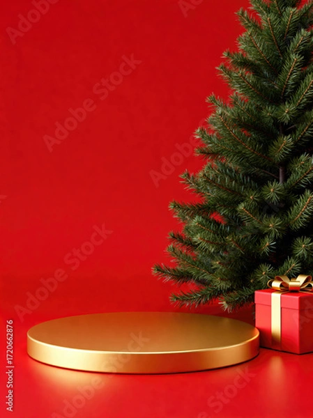 Fototapeta A golden podium on red background with a Christmas tree and a gift box, creating a festive holiday display.
