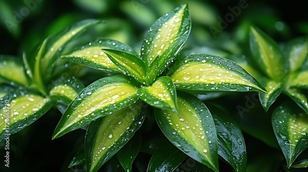Obraz Close-Up of Lush Green & Yellow Variegated Leaves with Clear Water Drops, Sharp Focus on Central Plant