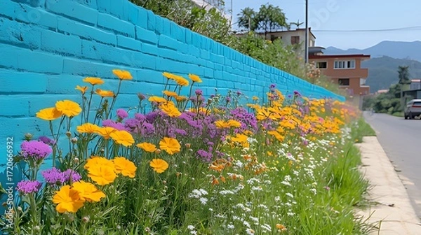 Obraz Vibrant Impressionistic Scene: Turquoise Brick Wall with Yellow/Purple Wildflowers, Parallel Path & Red-Roofed Buildings
