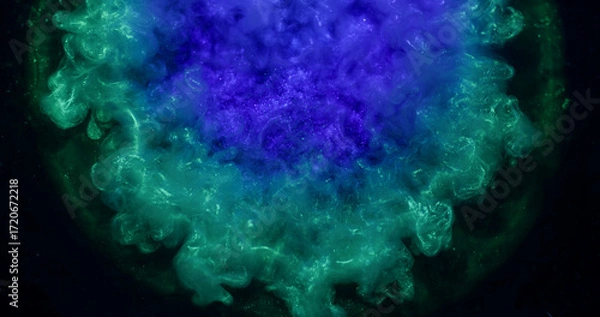 Fototapeta Art splash. Shiny fluid. Blue violet green turquoise round sparkling mix on black background. Color dust ink abstract blend blur water.