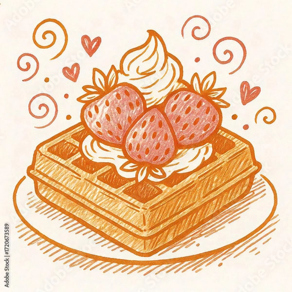 Obraz いちごとホイップクリームをのせたワッフルの可愛いスイーツイラストレーション
