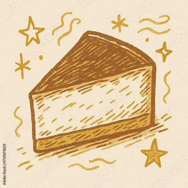 Obraz かわいいチーズケーキの線画ベクターイラスト、背景付きスイーツデザイン