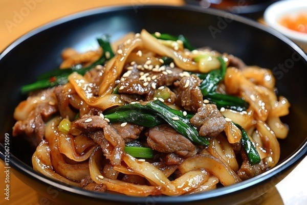 Fototapeta Black bowl filled dish stir-fried noodles meat are Spicy chicken pad see