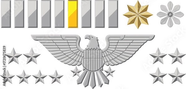 Fototapeta Vector Illustration of Military Rank Insignias with Gold Bar Silver Stars and Eagle Colonel Symbol Pentagon General Badge Set Design
