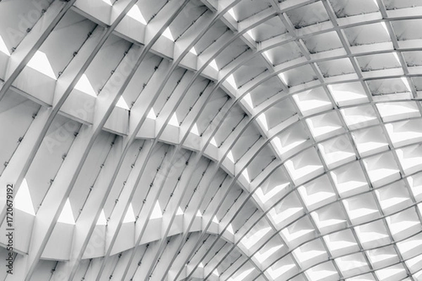 Fototapeta Abstract geometric architectural ceiling pattern with curved lines and grid design