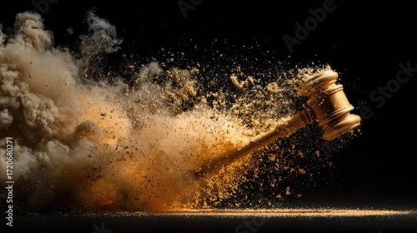 Fototapeta Gavel smashing social media panel with sparks in dramatic minimal scene