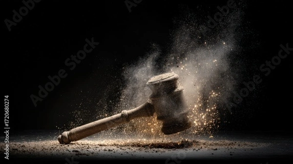 Fototapeta Gavel smashing social media panel with sparks in dramatic minimal scene