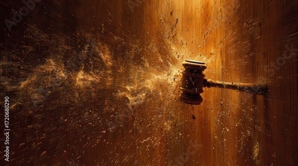 Fototapeta Gavel smashing social media panel with sparks in dramatic minimal scene