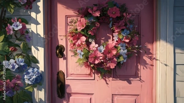 Fototapeta Freshly painted front door with hardware and wreath in golden hour