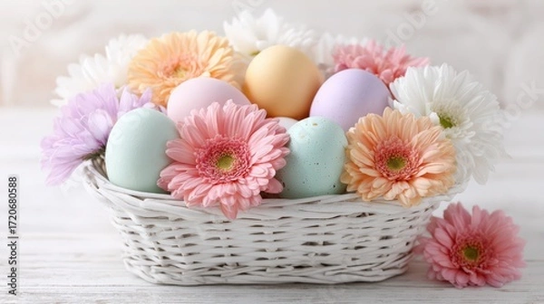 Fototapeta Pastel Easter eggs and spring flowers in delicate white basket