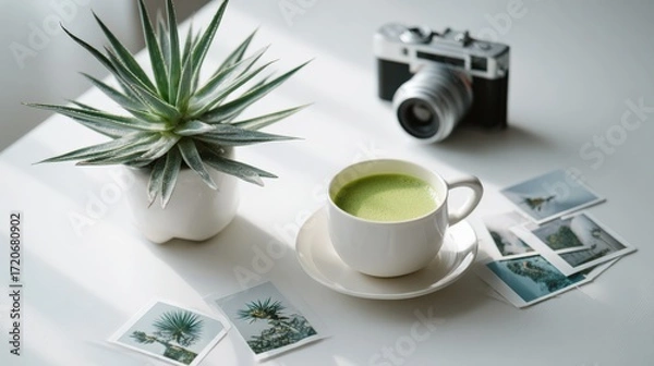 Fototapeta Flat lay modern table with matcha, camera, agave and wedding photos