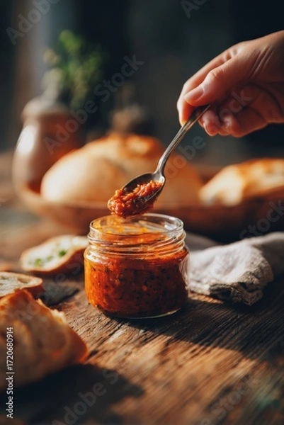 Fototapeta Hand dipping spoon into pizza sauce jar with bread top-down
