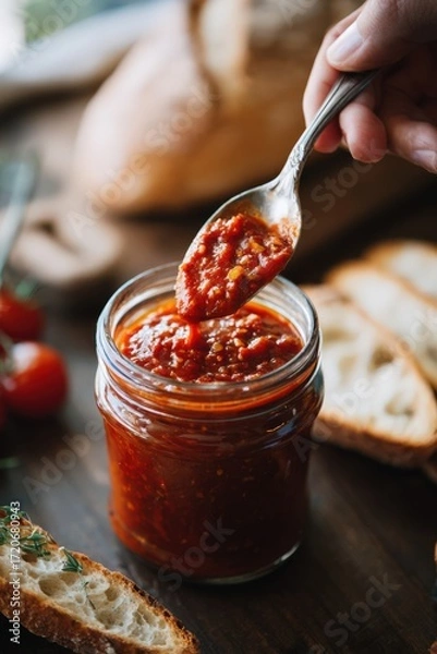 Fototapeta Hand dipping spoon into pizza sauce jar with bread top-down