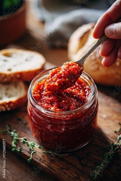 Fototapeta Hand dipping spoon into pizza sauce jar with bread top-down