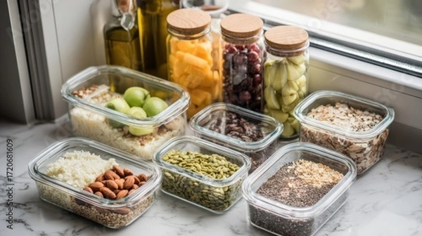 Fototapeta Overhead keto meal prep with low-carb food containers and ingredients
