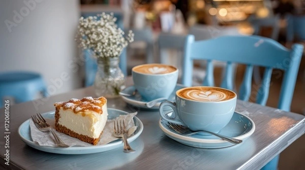 Fototapeta Minimal cafe table with cheesecake loaf and lattes