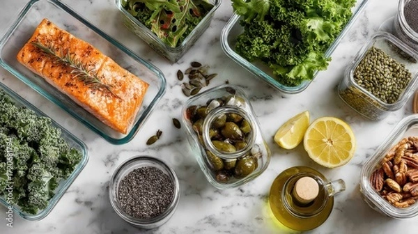 Fototapeta Overhead keto meal prep with low-carb food containers and ingredients