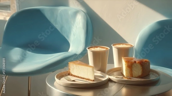 Fototapeta Minimal cafe table with cheesecake loaf and lattes
