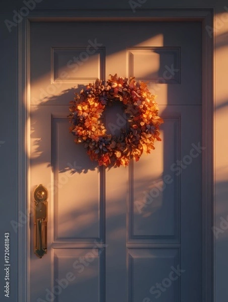 Fototapeta Freshly painted front door with hardware and wreath in golden hour