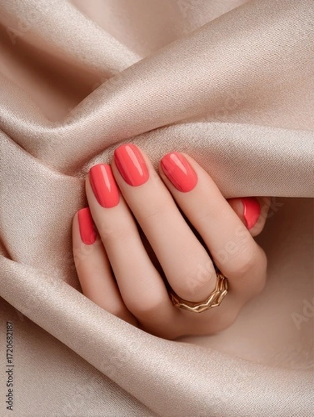 Fototapeta Elegant Hand with Coral Nails and Geometric Ring on Satin