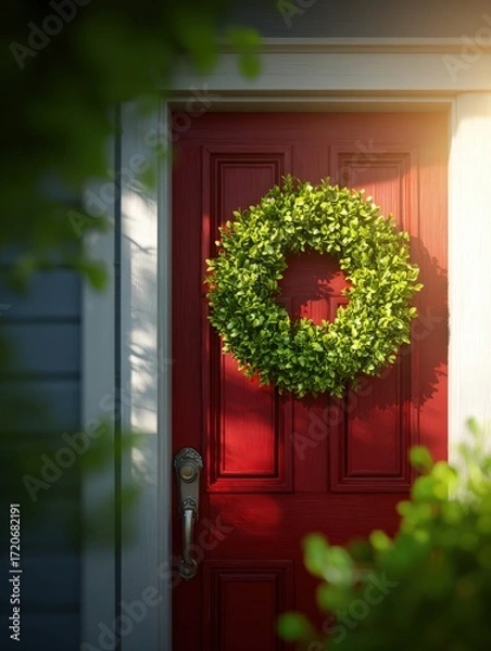 Fototapeta Freshly painted front door with hardware and wreath in golden hour