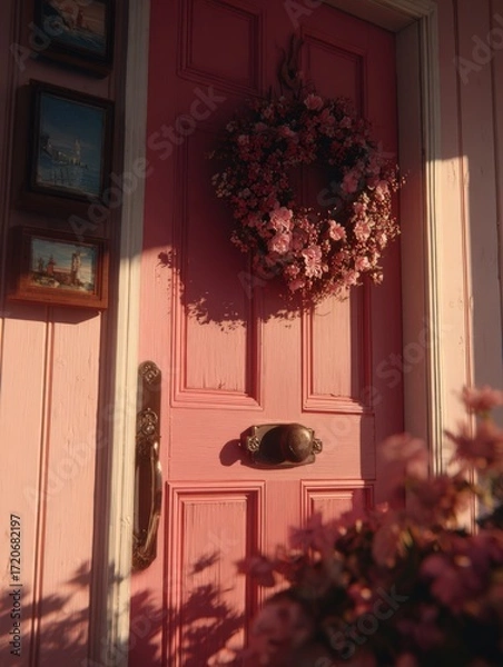 Fototapeta Freshly painted front door with hardware and wreath in golden hour