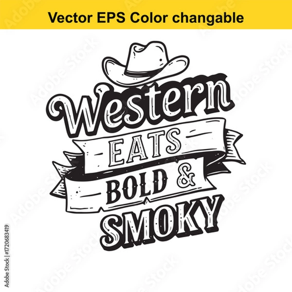 Fototapeta T shirt design with vector art of western eats bold and smoky cowboy hat text illustration