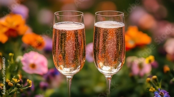 Fototapeta Two Prominent Sparkling Rosé Champagnes (Full of Tiny Bubbles) in Foreground, Soft Blurred Background of Colorful Garden Flowers