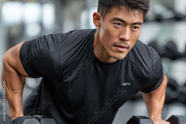 Fototapeta a young man is working out in the gym. he holds dumbbells on an exercise bench while wearing black shorts and a short-sleeved t-shirt