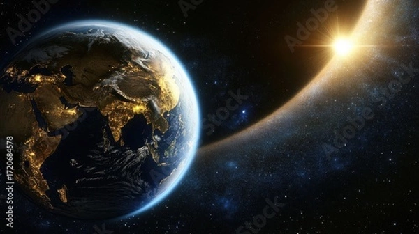 Fototapeta 3D rendering Earth from space night planet visible Asia Full View