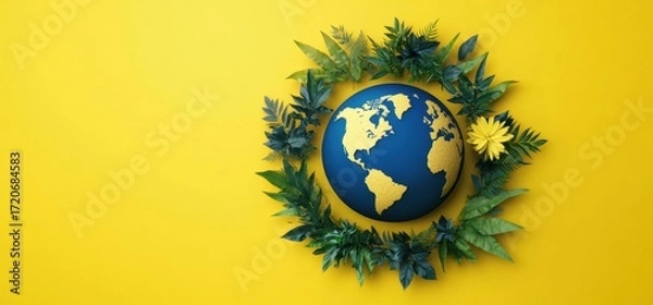 Fototapeta 3D rendering globe yellow background center surrounded by Eco friendly Earth