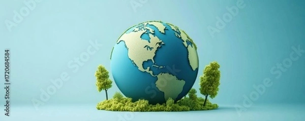 Fototapeta 3D rendering globe light blue background center surrounded Save the World Concept