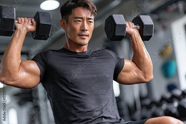 Fototapeta a young man is working out in the gym. he holds dumbbells on an exercise bench while wearing black shorts and a short-sleeved t-shirt