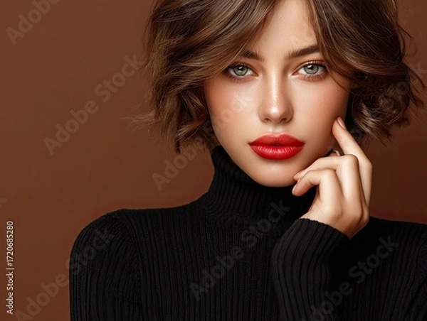 Fototapeta beautiful, elegant woman in a black turtleneck and red lipstick, posing on a brown background and looking at the camera.