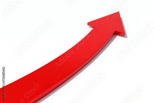 Fototapeta a bright red arrow pointing upwards on a clean white background, symbolizing growth, progress, success, development, improvement, positive change, upward trend, advancement, achievement.