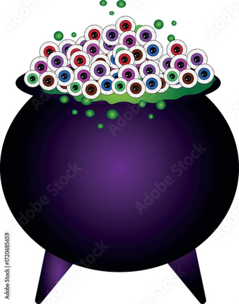 Fototapeta Witch's cauldron with eyes inside and green potion, illustration, Halloween theme
