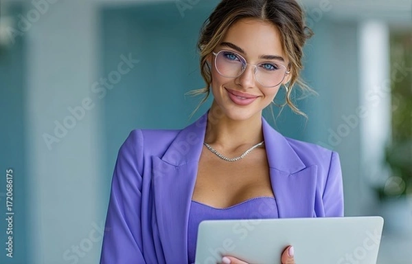 Fototapeta portrait of a smiling businesswoman with a laptop on a blue background. a woman in a purple suit is holding an open computer and looking at the camera