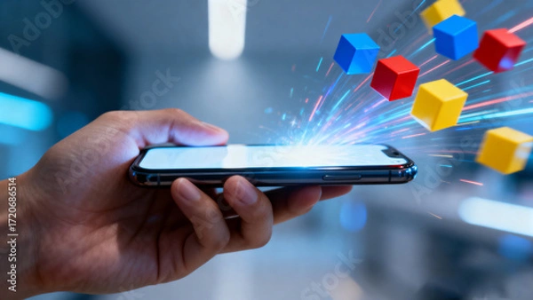 Fototapeta person holding a glowing mobile phone surrounded by floating tech cubes, creating a futuristic atmosphere of innovation, connectivity, and digital advancement.Generated by AI
