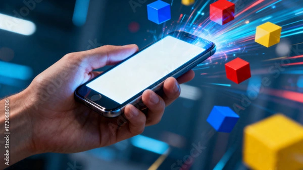 Fototapeta person holding a glowing mobile phone surrounded by floating tech cubes, creating a futuristic atmosphere of innovation, connectivity, and digital advancement.Generated by AI