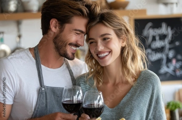 Fototapeta couple cooking together, smiling at each other while holding wine glasses and eating cheese in the kitchen with white walls