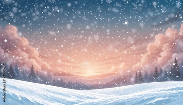 Fototapeta Realistic Snow Winter Background with Blizzard Clouds and Christmas Sky Landscape