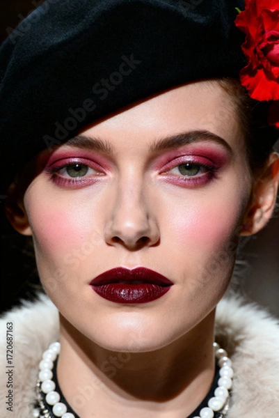 Fototapeta close-up portrait of a woman with flawless exquisite makeup wearing a sleek black hat, her eyes gazing directly with confidence and intensity.advertisement, banner, card.Generated by AI