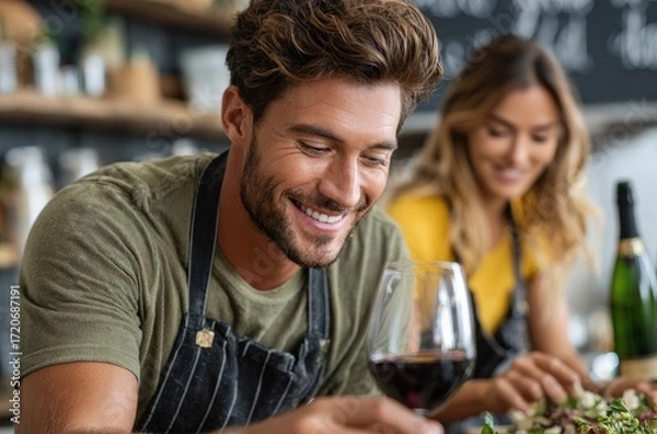 Fototapeta happy man and woman cooking together, wine glass in hand, home kitchen with white walls