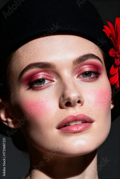 Fototapeta close-up portrait of a woman with flawless exquisite makeup wearing a sleek black hat, her eyes gazing directly with confidence and intensity.advertisement, banner, card.Generated by AI