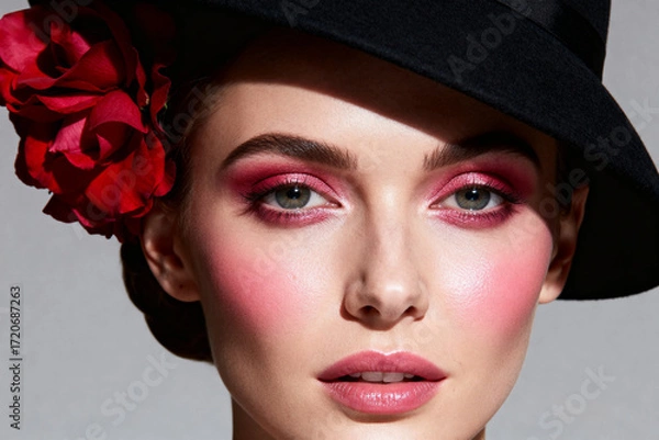 Fototapeta close-up portrait of a woman with flawless exquisite makeup wearing a sleek black hat, her eyes gazing directly with confidence and intensity.advertisement, banner, card.Generated by AI