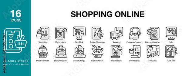 Fototapeta Shopping Online icon set. Includes online, shopping, digital, purchase, business and More. Editable Stroke Icon Collection.