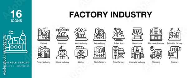 Fototapeta Factory Industry icon set. Includes industry, factory, manufacturing, production, engineering and More. Editable Stroke Icon Collection.