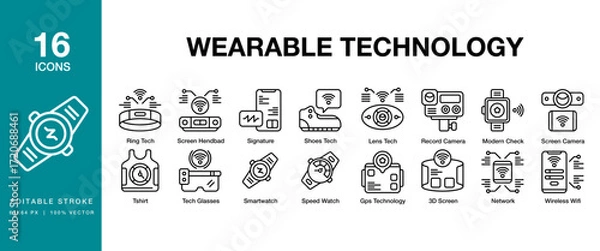 Fototapeta Wearable Technology icon set. Includes wearable, technology, device, innovation, digital and More. Editable Stroke Icon Collection.