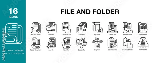 Fototapeta File and Folder icon set. Includes document, file, folder, information, office and More. Editable Stroke Icon Collection.